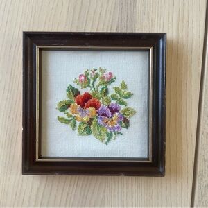 Vintage Framed Floral Cross Stitch Art - Multicolor Pansies 7x7 inches